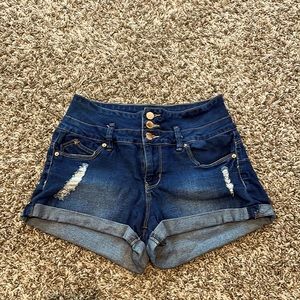 YMI wannabettabutt shorts size 5/27 dark wash with distressing 3 button detail